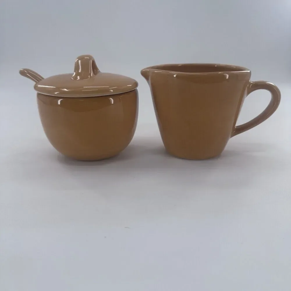 Pottery Barn Sausalito Amber Creamer & Sugar Bowl with Lid & Spoon Fast Shipping